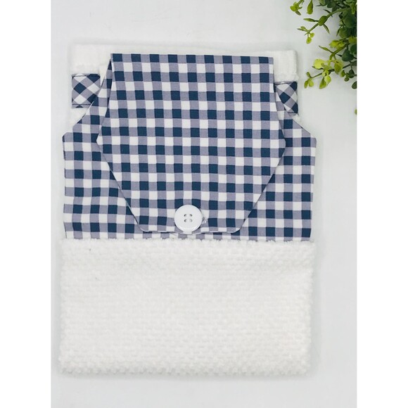 Hanging Kitchen Tea Towel, Button Closure, Cotton Dish Towel, Blue Gingham - Picture 2 of 7
